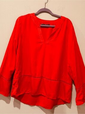 Tomato Red V Neck Long Sleeve Blouse Large Boho Crochet Casual Spring Summer